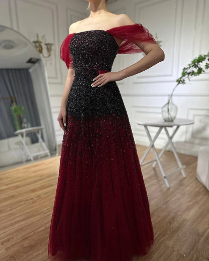 Vestidos de noche color vino tinto con cambio gradual, 2025, con cuentas brillantes, corte A, de lujo, para mujer, fiesta, LA71329 