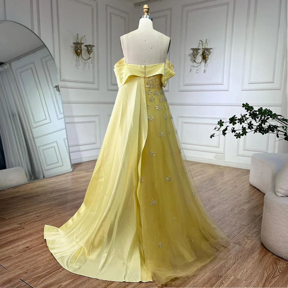 Luxus Dubai Arabisch Gelb Elegante Boot-ausschnitt Lange Abendkleid Perlen Party Kleid für frauen Hochzeit LA72531 