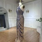 2025 Elegant Blue Saudi Arabic Halter Neck Evening Gown Crystal Beaded Dress for Formal Occasion LA72760