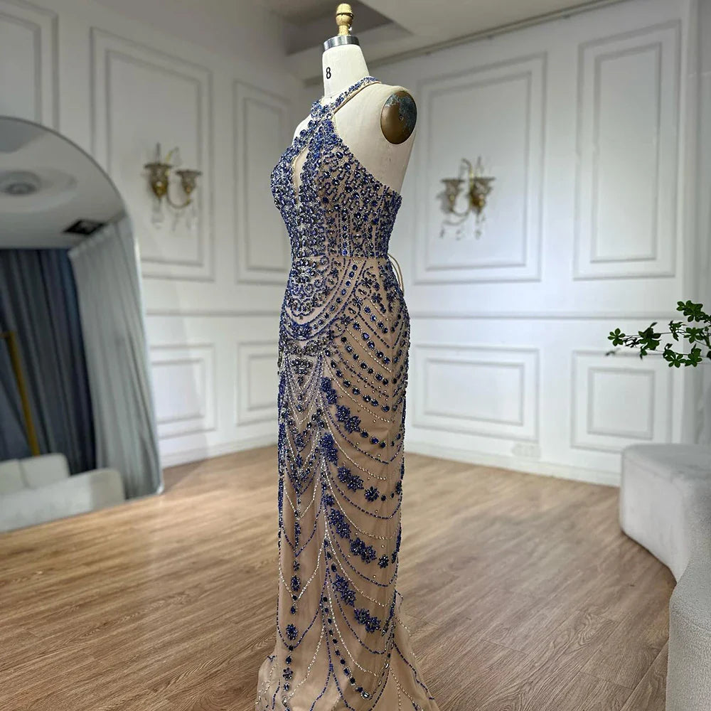 2025 Elegant Blue Saudi Arabic Halter Neck Evening Gown Crystal Beaded Dress for Formal Occasion LA72760