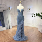 2025 Arabic Strapless Blue Beaded Feathers Luxury Dubai Evening Gowns with Side Skirt for Women Wedding party LA72695