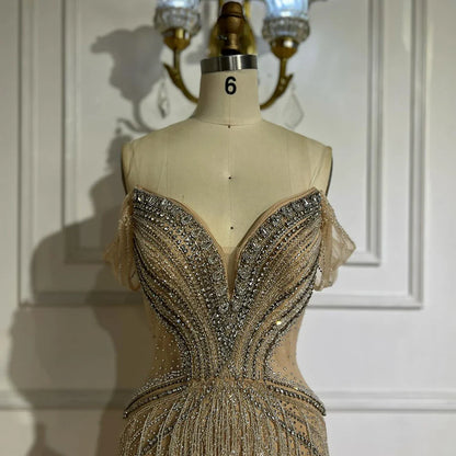 2025 Saudi Arabic Off Shoulder Nude Beaded Tulle Mermaid Evening Gown for Formal Occasion LA72854