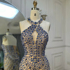 2025 Elegant Blue Saudi Arabic Halter Neck Evening Gown Crystal Beaded Dress for Formal Occasion LA72760