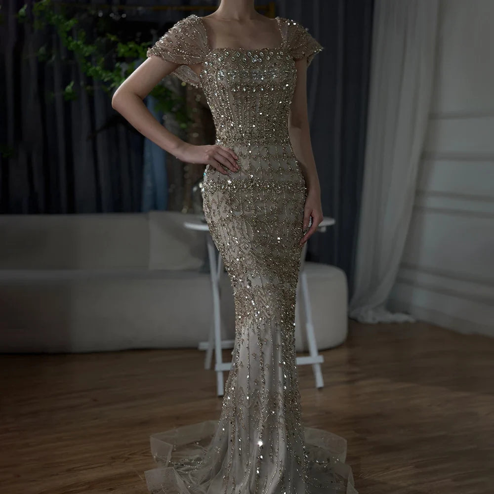 Vestido de noche árabe blanco de lujo estilo sirena de Dubái con mangas cortas LA72714