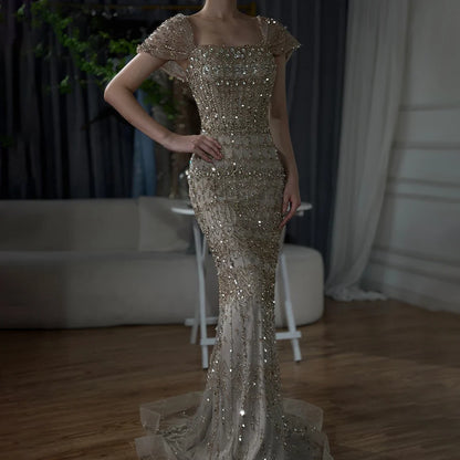 Vestido de noche árabe blanco de lujo estilo sirena de Dubái con mangas cortas LA72714