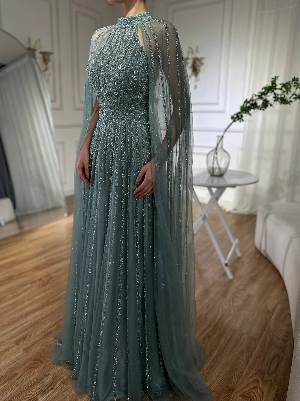 2025 Arabic Caramel A Line Cape Sleeve Beaded Luxury Saudi Evening Dresses Gowns For Formal Occasion LA72306B