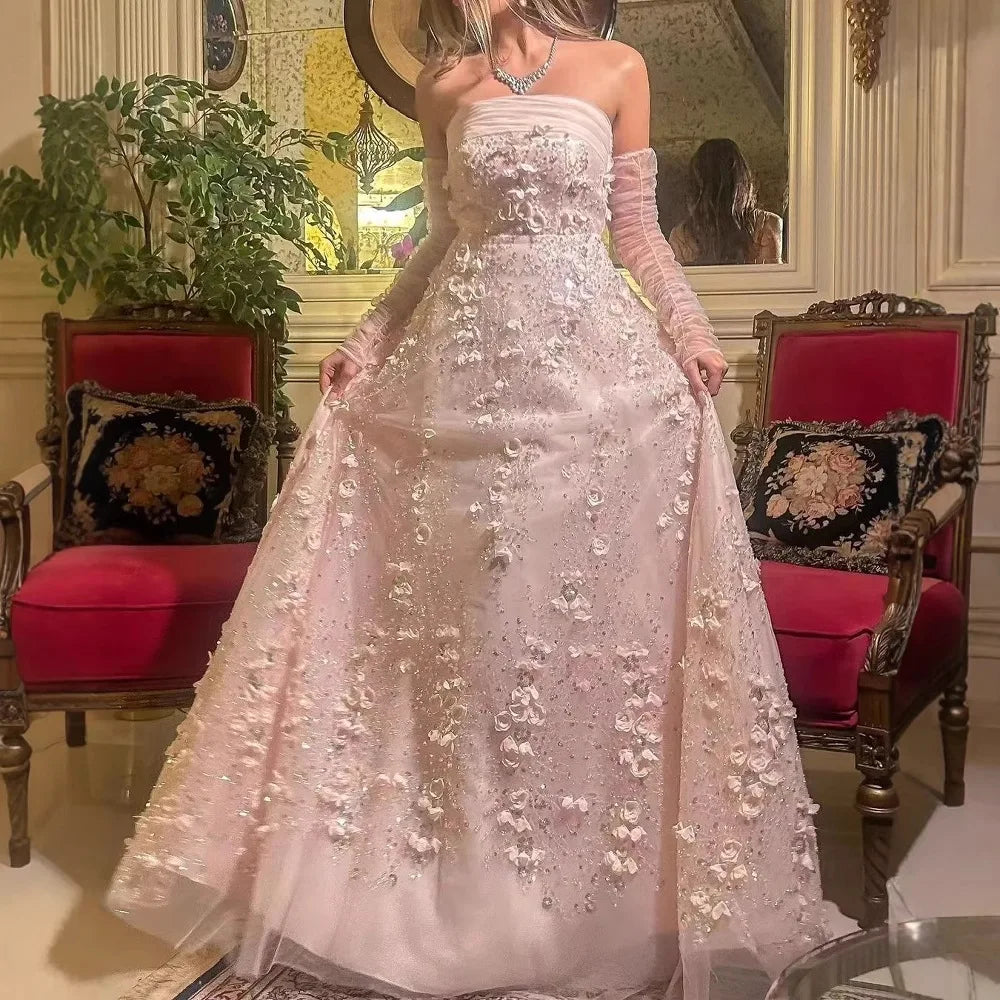 Elegantes Pfirsich 3D Blumen Abendkleid mit Handschuhen Arabische Frauen Hochzeit Party LA72912 