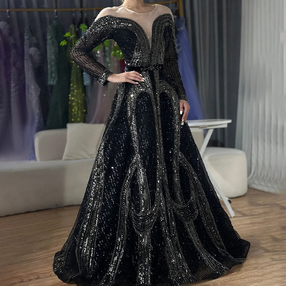Vestidos de noche árabes elegantes negros de corte A con cuentas brillantes de lujo de Dubái para mujer, vestidos de fiesta de boda 2025 LA72566 