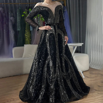 Vestidos de noche árabes elegantes negros de corte A con cuentas brillantes de lujo de Dubái para mujer, vestidos de fiesta de boda 2025 LA72566 