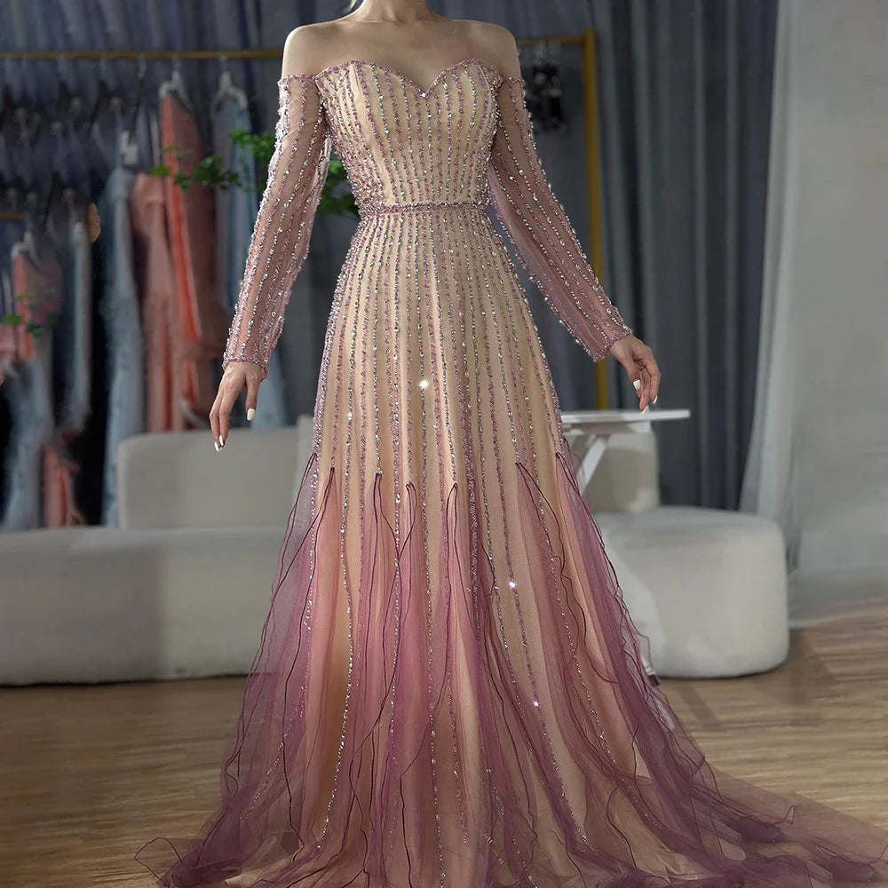 2025 Arabic Purple Elegant A-Line Beaded Long Evening Dresses Gowns for Formal Occasion LA72752