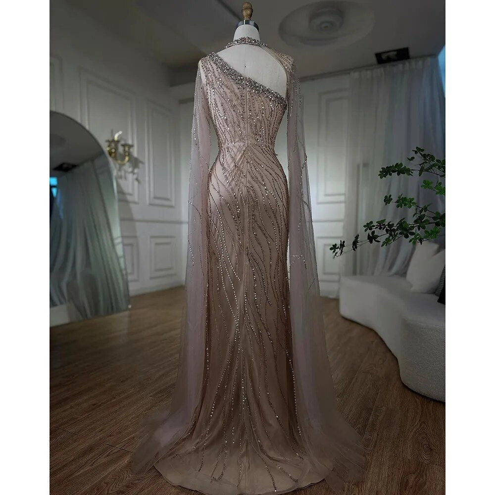 Vestido de noche elegante de sirena negra con mangas estilo capa y cuentas, de lujo, para mujer, estilo árabe, para fiesta, 2025, LA72112 
