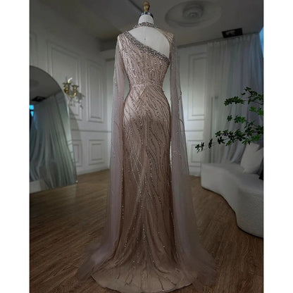 Vestido de noche elegante de sirena negra con mangas estilo capa y cuentas, de lujo, para mujer, estilo árabe, para fiesta, 2025, LA72112 