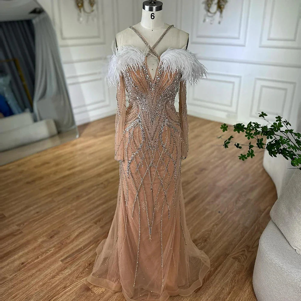 2025 Blue Feather Beaded Luxury Mermaid Evening Dresses Gowns for Women Formal Occasion LA72836