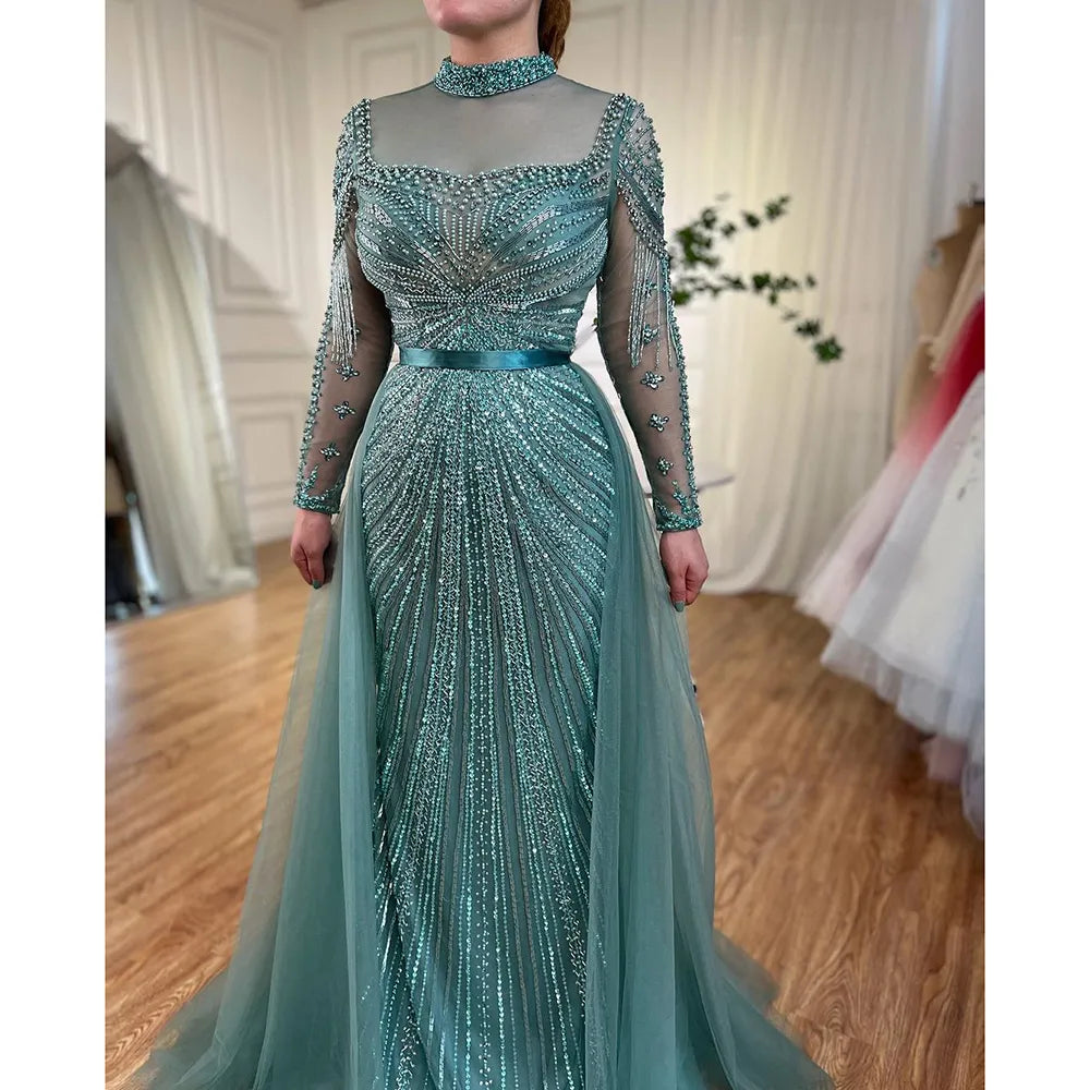 Luxuriöses Champagner-Meerjungfrauen-Abendkleid mit abnehmbarem Überrock LA71533