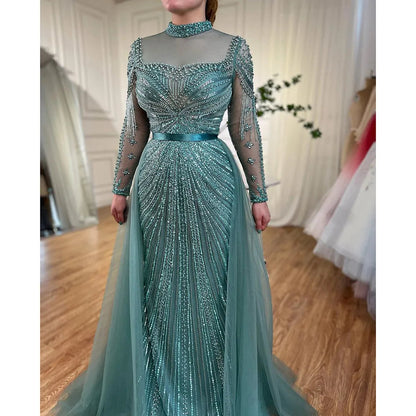 Luxuriöses Champagner-Meerjungfrauen-Abendkleid mit abnehmbarem Überrock LA71533