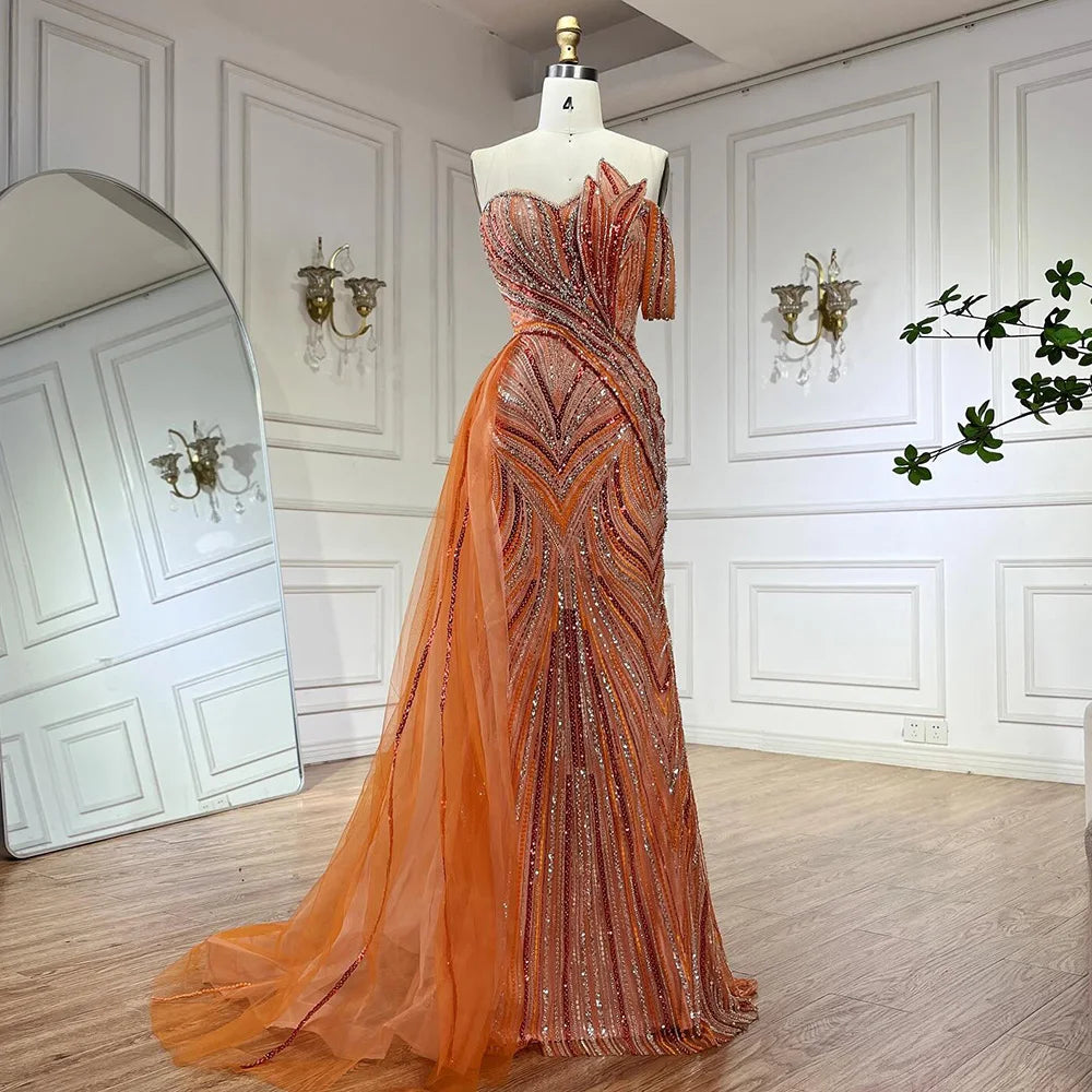 2025 Arabisch Blau One-Shoulder Luxus Dubai Abendkleid mit Seite Überrock Perlen Kleid für Frauen Party LA72662 