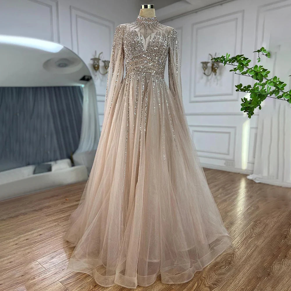 Arabic Turquoise A Line Beaded Dubai Evening Dresses With Cape Sleeves Gowns For Women Wedding Party 2025 LA72199