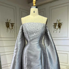 2025 Luxury Off Shoulder A Line Gray Satin Evening Gown Pearl Beaded for Formal Occasion LA72779