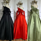 2025 Black One Shoulder Satin A Line Beaded Evening Gown with Sleevelets for Women's Party Saudi Dress LA72741