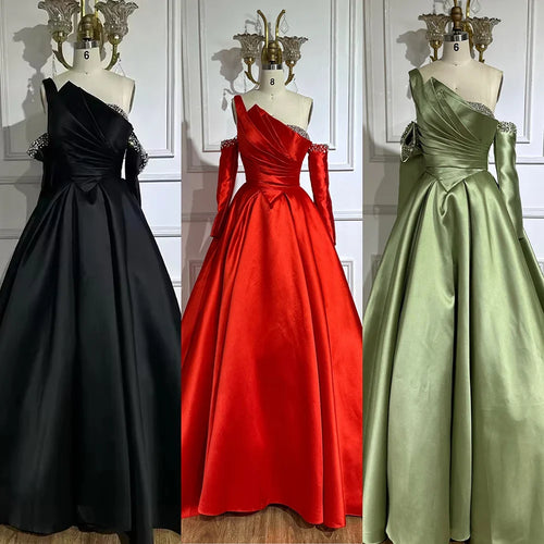 2025 Schwarzes One-Shoulder-Satin-A-Linien-Abendkleid mit Perlen und Ärmeln für Damenpartys Saudi-Kleid LA72741 
