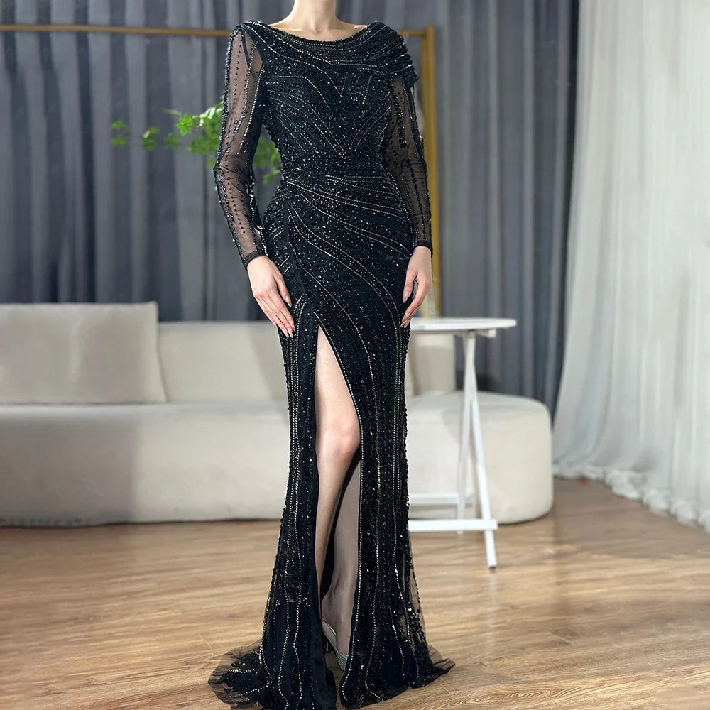 Vestido de noche elegante de sirena color plata nude con abertura alta y cuentas de lujo 2025 para mujer, fiesta LA70752L 