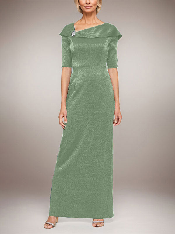 Vestido largo de columna brillante con puños doblados, escote en L y mangas hasta el codo