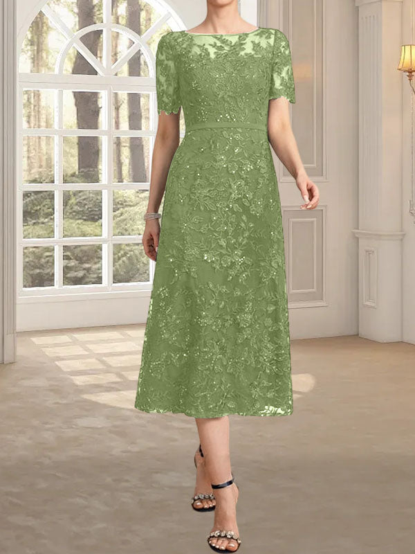 Vestido de madre de la novia de encaje con lentejuelas, corte A, escote ilusión y largo hasta la rodilla