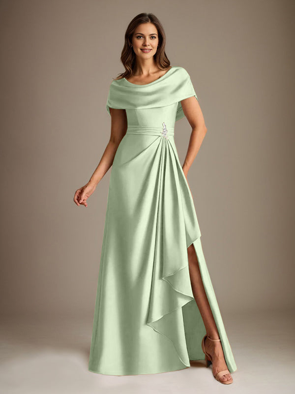 Vestido de madre de la novia de satén elástico, corte A, largo hasta el suelo, con escote redondo y volantes en cascada