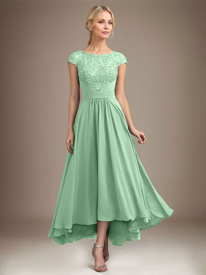 A-line Scoop Illusion Asymmetrical Lace Chiffon Mother of the Bride Dress With Pleated