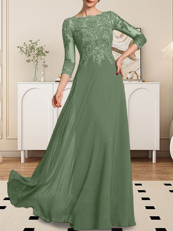 Vestido de gasa con encaje y lentejuelas para madre de la novia, corte A, largo hasta el suelo
