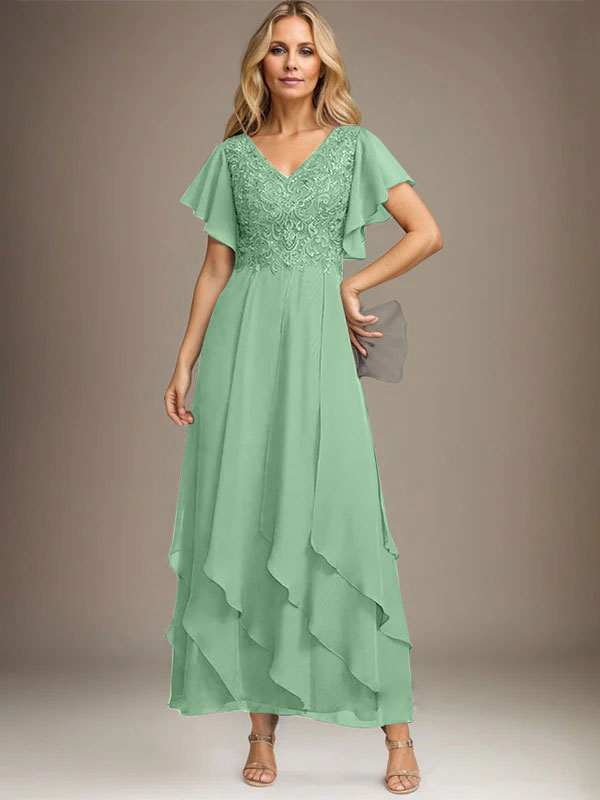 Vestido de gasa con encaje y escote en V hasta los tobillos para madre de la novia con volantes en cascada