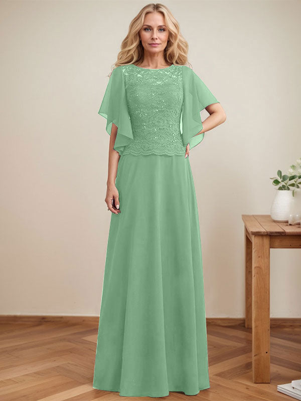 Vestido de gasa con encaje y lentejuelas para madre de la novia, corte A, escote ilusión, largo hasta el suelo