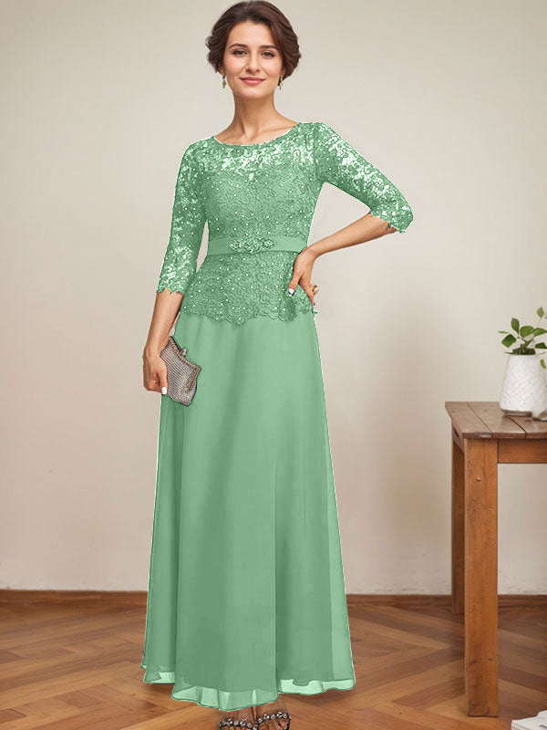 Vestido de gasa con encaje y escote en A, ilusión, largo hasta los tobillos, para madre de la novia con cuentas de diamantes de imitación