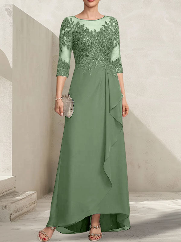 A-line Scoop Illusion Asymmetrical Lace Chiffon Mother of the Bride Dress With Sequins Cascading Ruffles