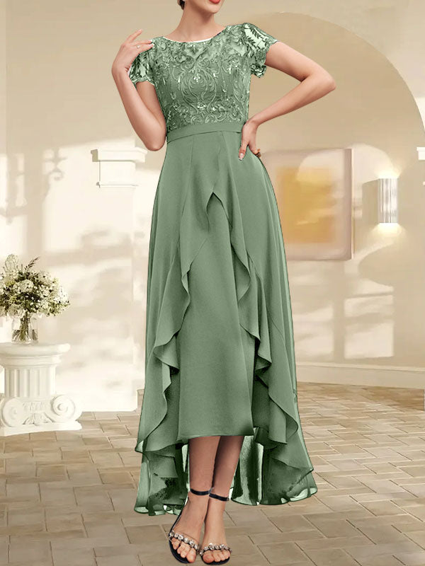 Vestido de madre de la novia de gasa asimétrica con escote en A, ilusión, encaje, lazo, volante y lentejuelas