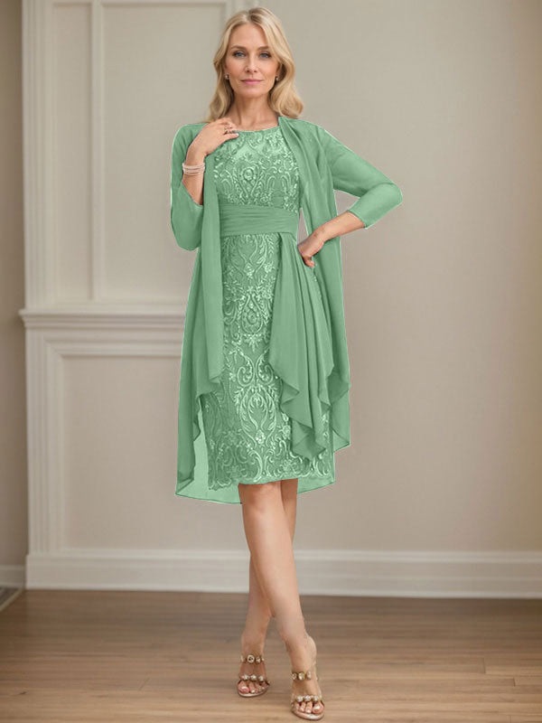 Vestido de madre de la novia de gasa con encaje, escote redondo, ilusión, largo hasta la rodilla, con volantes en cascada y lentejuelas