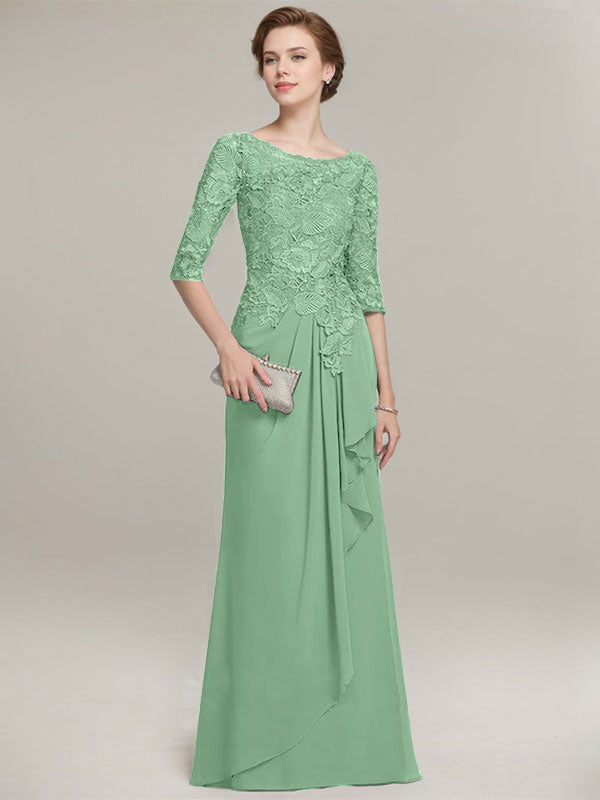 Vestido de gasa con encaje, corte A, escote ilusión, largo hasta el suelo, para madre de la novia con volantes en cascada