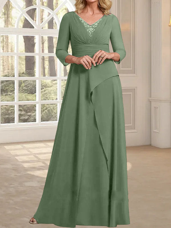 Vestido de gasa para madre de la novia con escote en V, largo hasta el suelo, con pliegues y cuentas