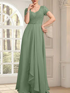 Vestido de madre de la novia de gasa con encaje, corte en A, escote corazón, largo hasta el suelo, con volantes en cascada y cuentas