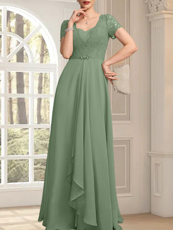 Vestido de madre de la novia de gasa con encaje, corte en A, escote corazón, largo hasta el suelo, con volantes en cascada y cuentas