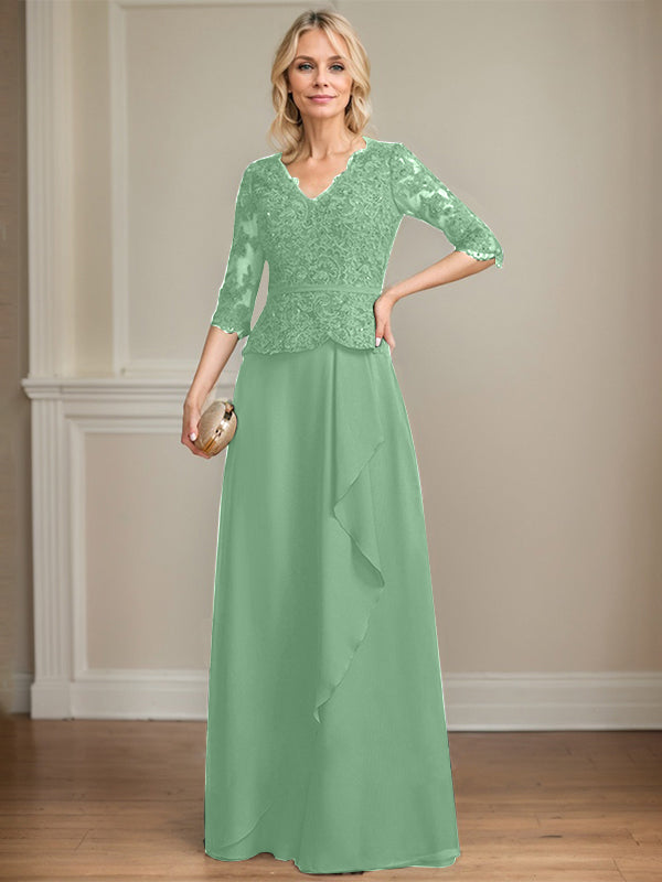 Vestido de madre de la novia de gasa con encaje, escote en V, largo hasta el suelo, con volantes en cascada y lentejuelas