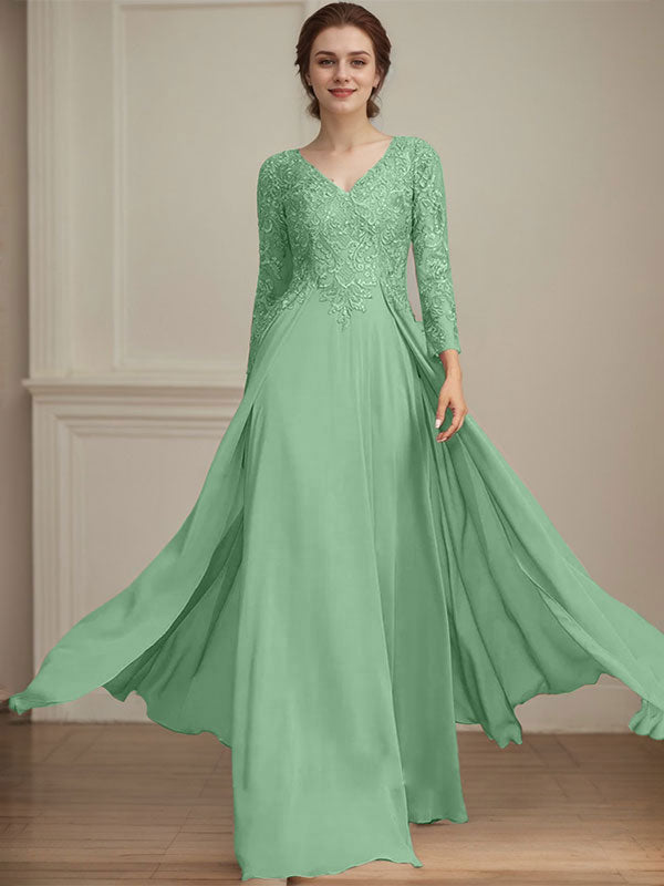 Vestido de madre de la novia de gasa con encaje, escote en V y lentejuelas, largo hasta el suelo