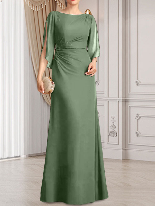 Vestido de gasa para madre de la novia con corte tubo/columna, escote redondo y largo hasta el suelo, con cuentas plisadas