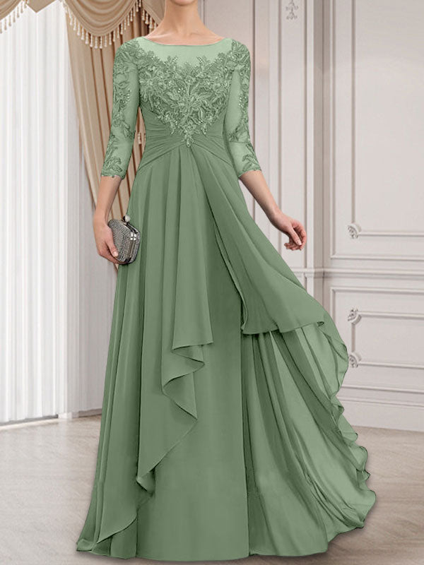 Vestido de gasa con encaje, corte A, escote ilusión, largo hasta el suelo, para madre de la novia con volantes en cascada