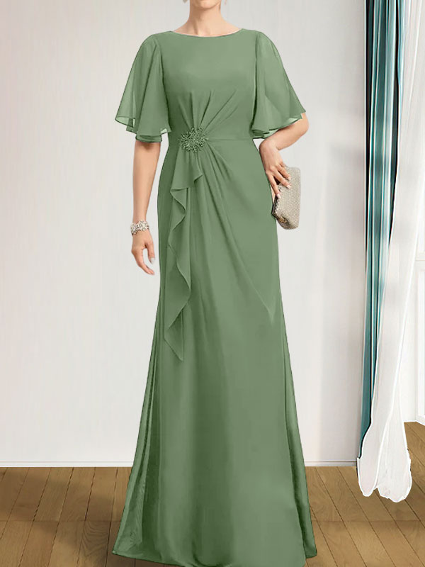 Vestido de gasa para madre de la novia, corte A, escote redondo, largo hasta el suelo, con volantes en cascada, cuentas y lentejuelas