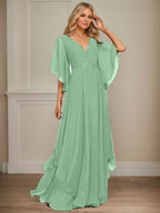 Vestido de gasa para madre de la novia, corte A, escote en V, largo hasta el suelo, con apliques de lentejuelas, encaje y abalorios