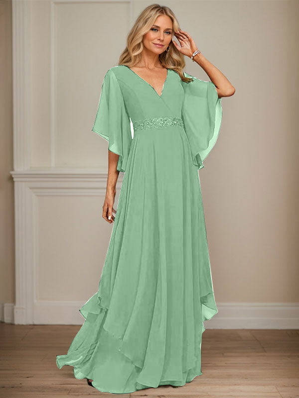 Vestido de gasa para madre de la novia, corte A, escote en V, largo hasta el suelo, con apliques de lentejuelas, encaje y abalorios