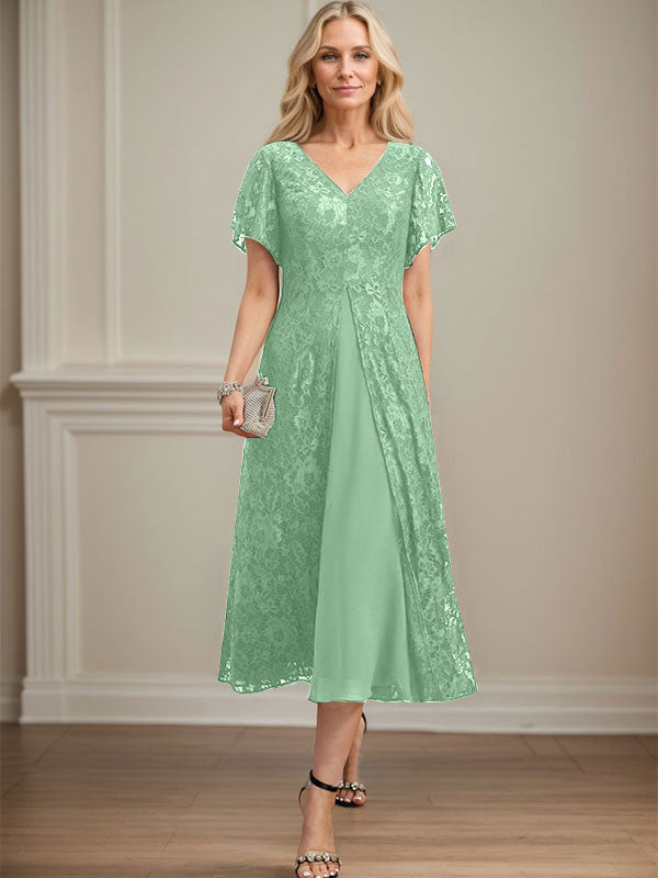 Vestido de gasa con encaje y escote en V para madre de la novia, largo hasta la rodilla