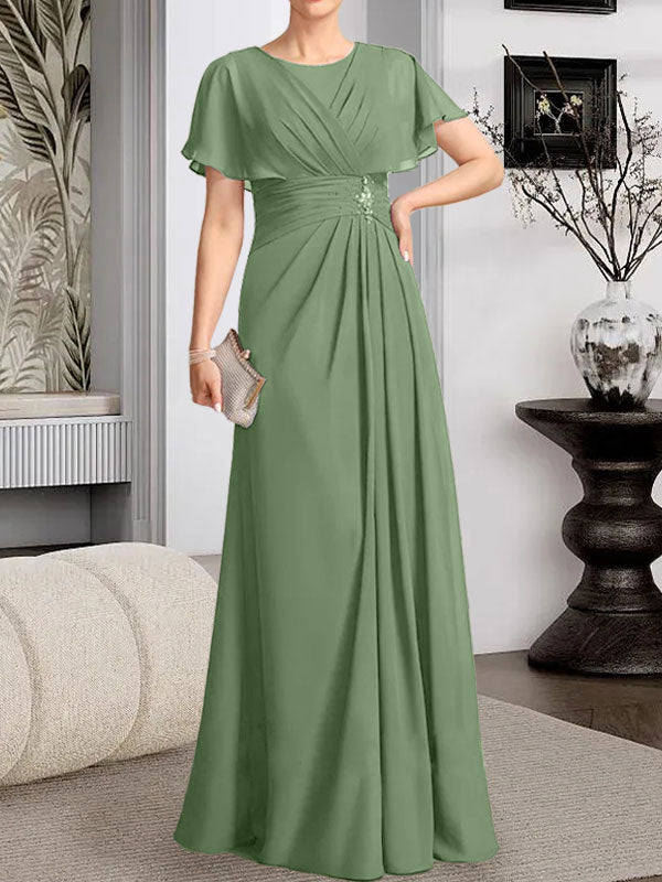 Vestido de gasa para madre de la novia con corte en A, escote redondo y largo hasta el suelo, con cuentas plisadas