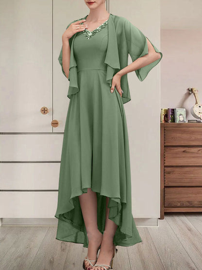 A-Linien-Kleid mit V-Ausschnitt, asymmetrischem Chiffon für die Brautmutter mit Perlen und Pailletten